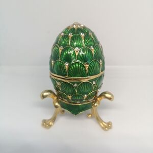 Green Gold Enameled 3" Hinged Egg Trinket/Jewellery Box With Matching Stand